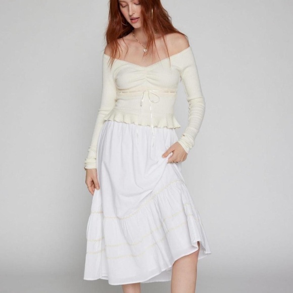 Urban outfitters KIMCHI BLUE  off shoulder top ribbed knit lace cream ivory NWT - Picture 2 of 4